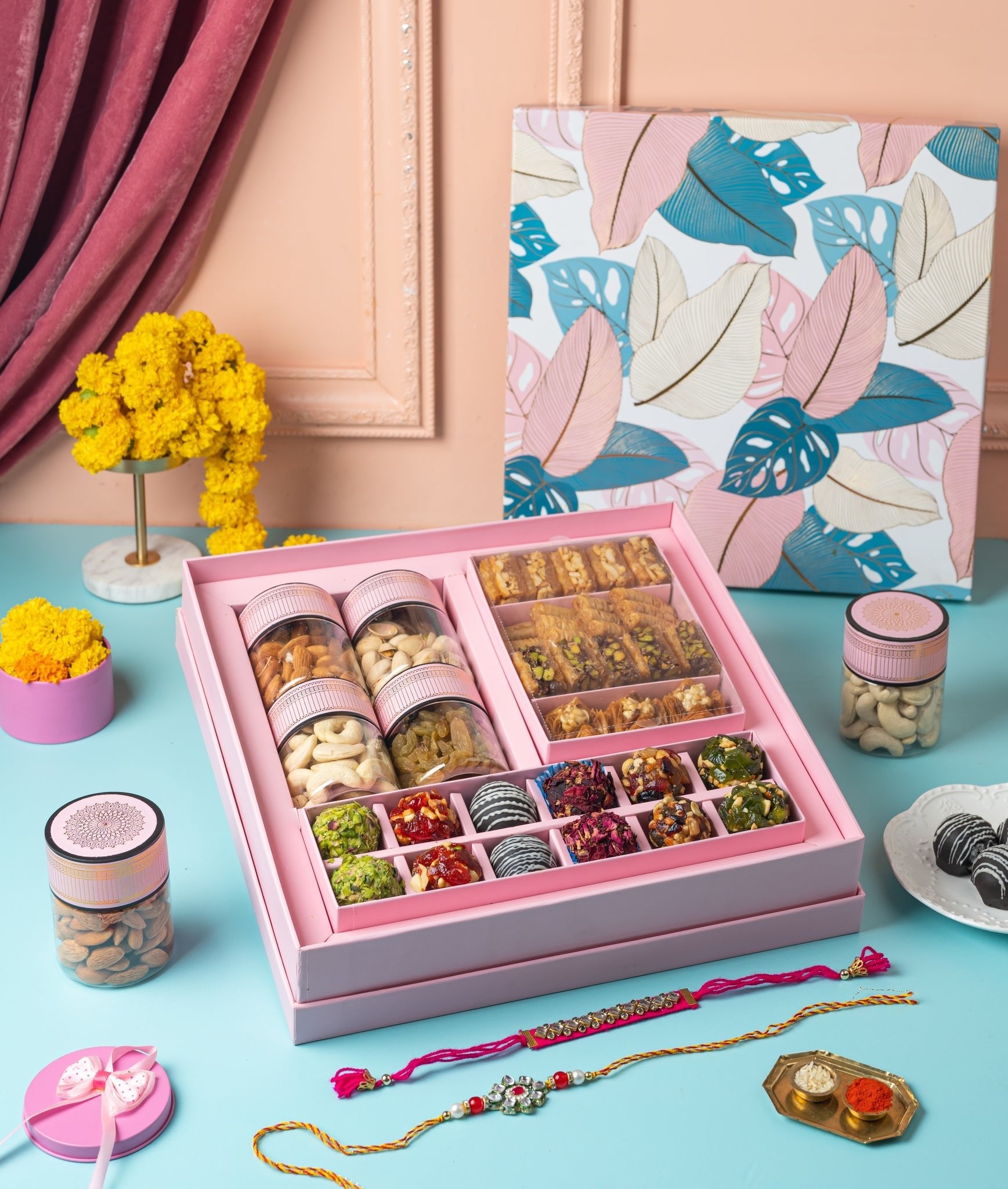 Floral Imperial Gift Box, Baklavas, Premium Indian Sweets and dry fruits- Rakhi gift box - THE BAKLAVA BOX