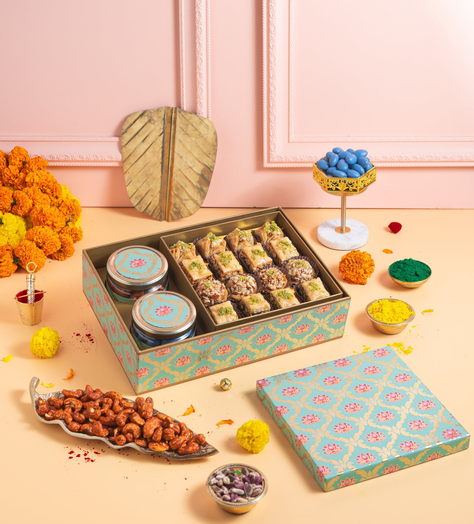 Holi Lotus gift box with baklavas and dry fruits - Holi special sweets - THE BAKLAVA BOX