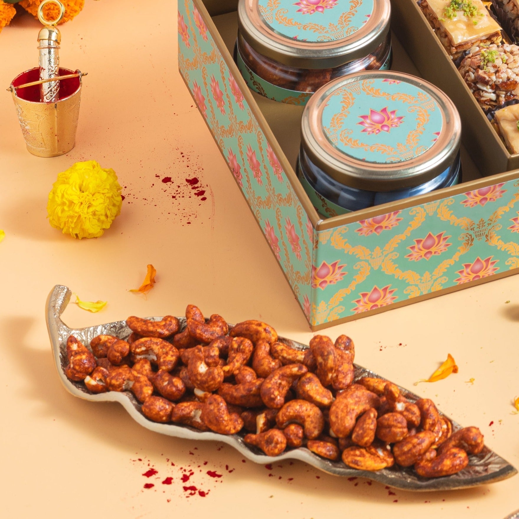 Holi Lotus gift box with baklavas and dry fruits - Holi special sweets - THE BAKLAVA BOX