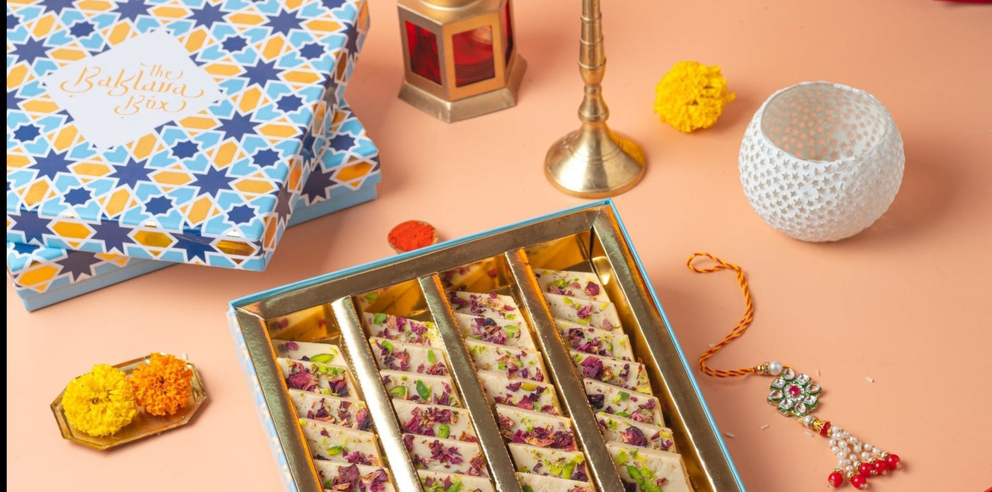 kaju rose burfi with rakhi (2sets) - THE BAKLAVA BOX