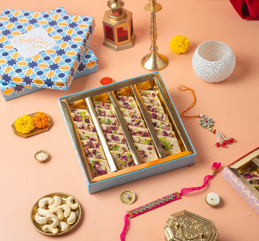 kaju rose burfi with rakhi (2sets) - THE BAKLAVA BOX