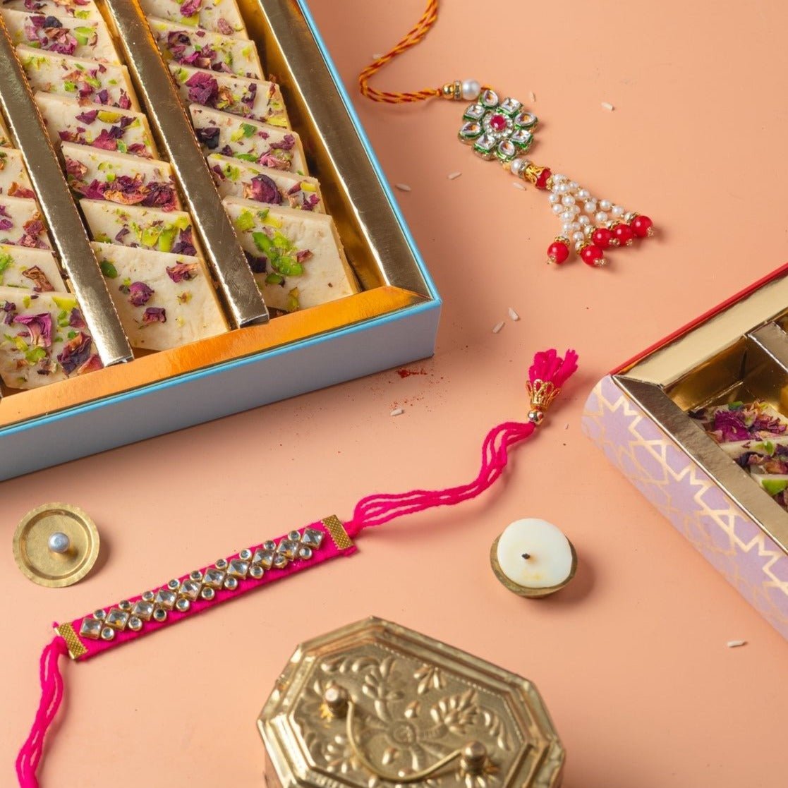 kaju rose burfi with rakhi (2sets) - THE BAKLAVA BOX