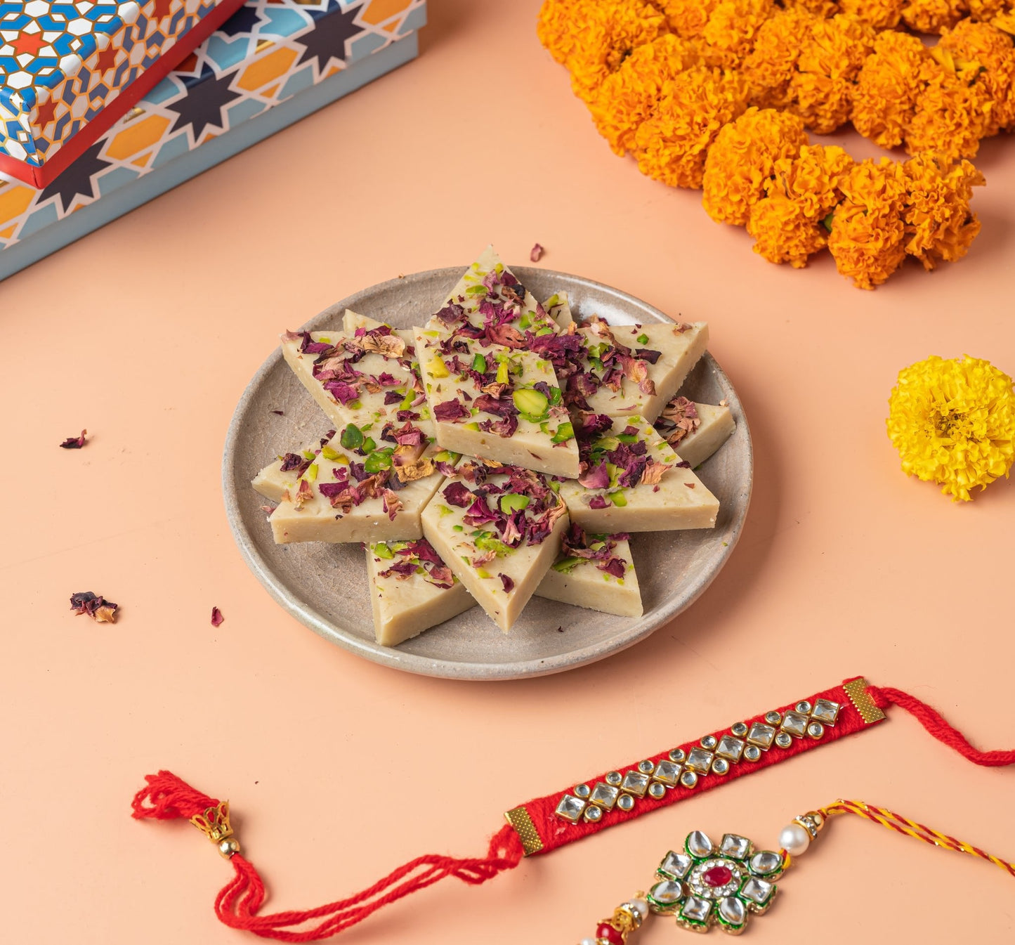 kaju rose burfi with rakhi (2sets) - THE BAKLAVA BOX