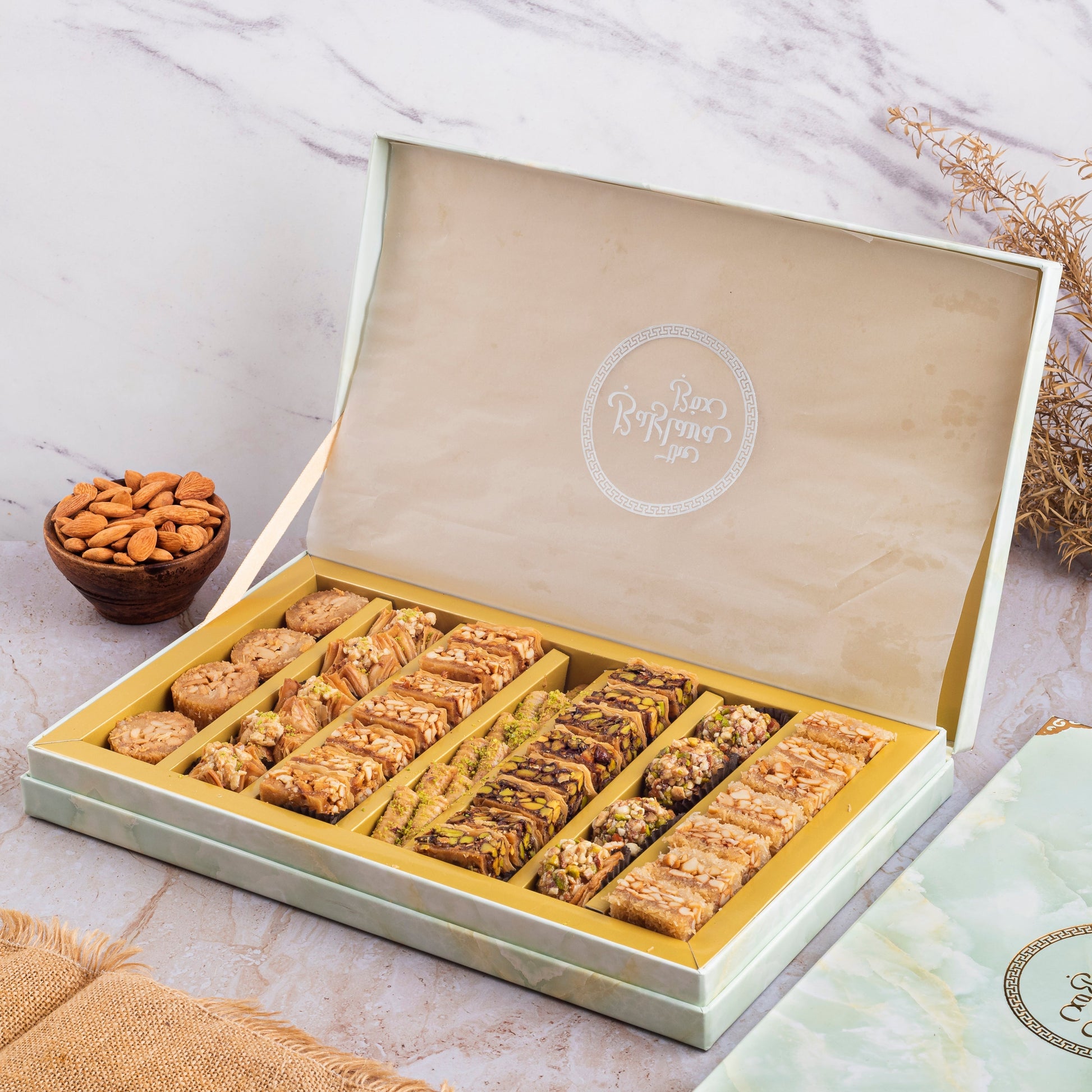 Rakhi Gift Box : Royal Vega Box (1 kg) Baklavas With 2 Rakhi- Premium Rakhi gift box - THE BAKLAVA BOX