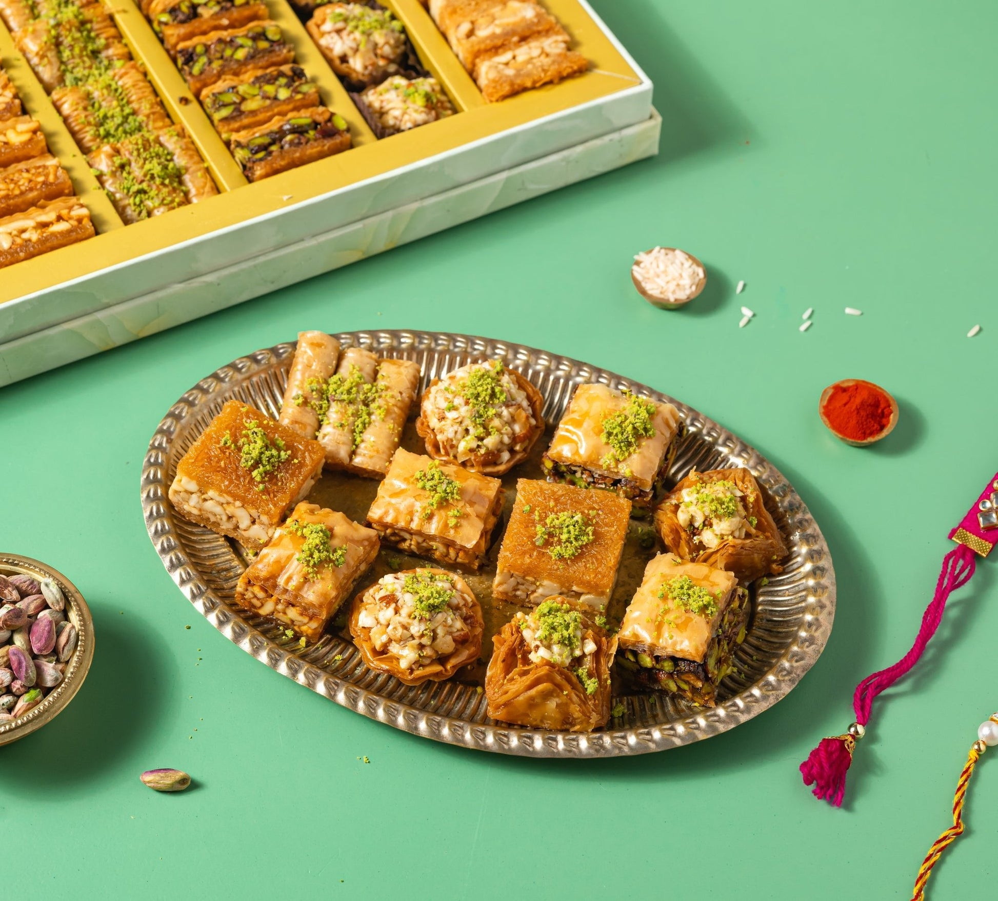 Rakhi Gift Box : Royal Vega Box (1 kg) Baklavas With 2 Rakhi- Premium Rakhi gift box - THE BAKLAVA BOX