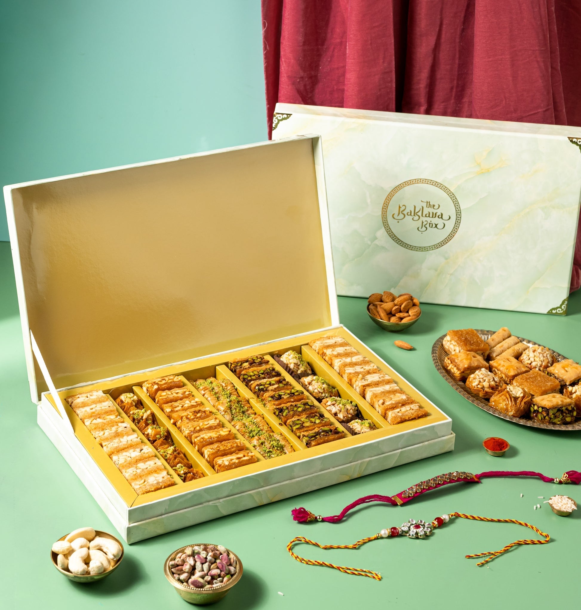 Rakhi Gift Box : Royal Vega Box (1 kg) Baklavas With 2 Rakhi- Premium Rakhi gift box - THE BAKLAVA BOX